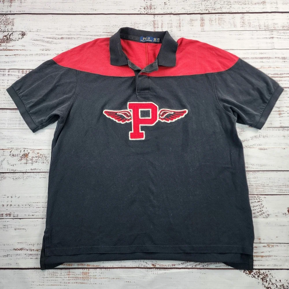 Vintage Polo Ralph Lauren P-Wing Rugby Polo Shirt Mens 1XB Red Black Embroidered